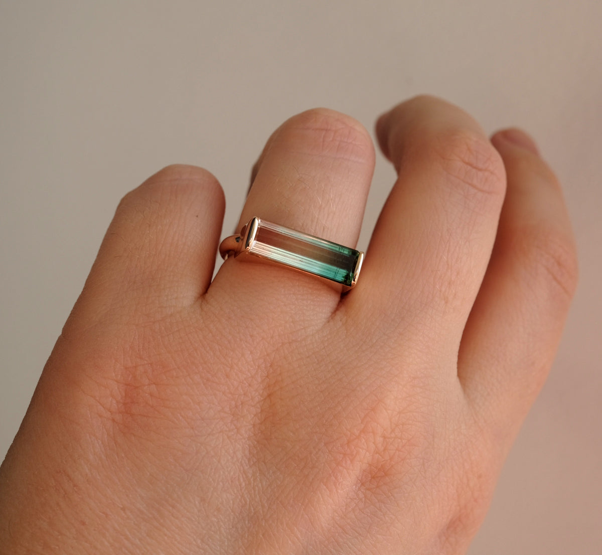 14-18K Solid Gold Watermelon Tourmaline Bar Ring
