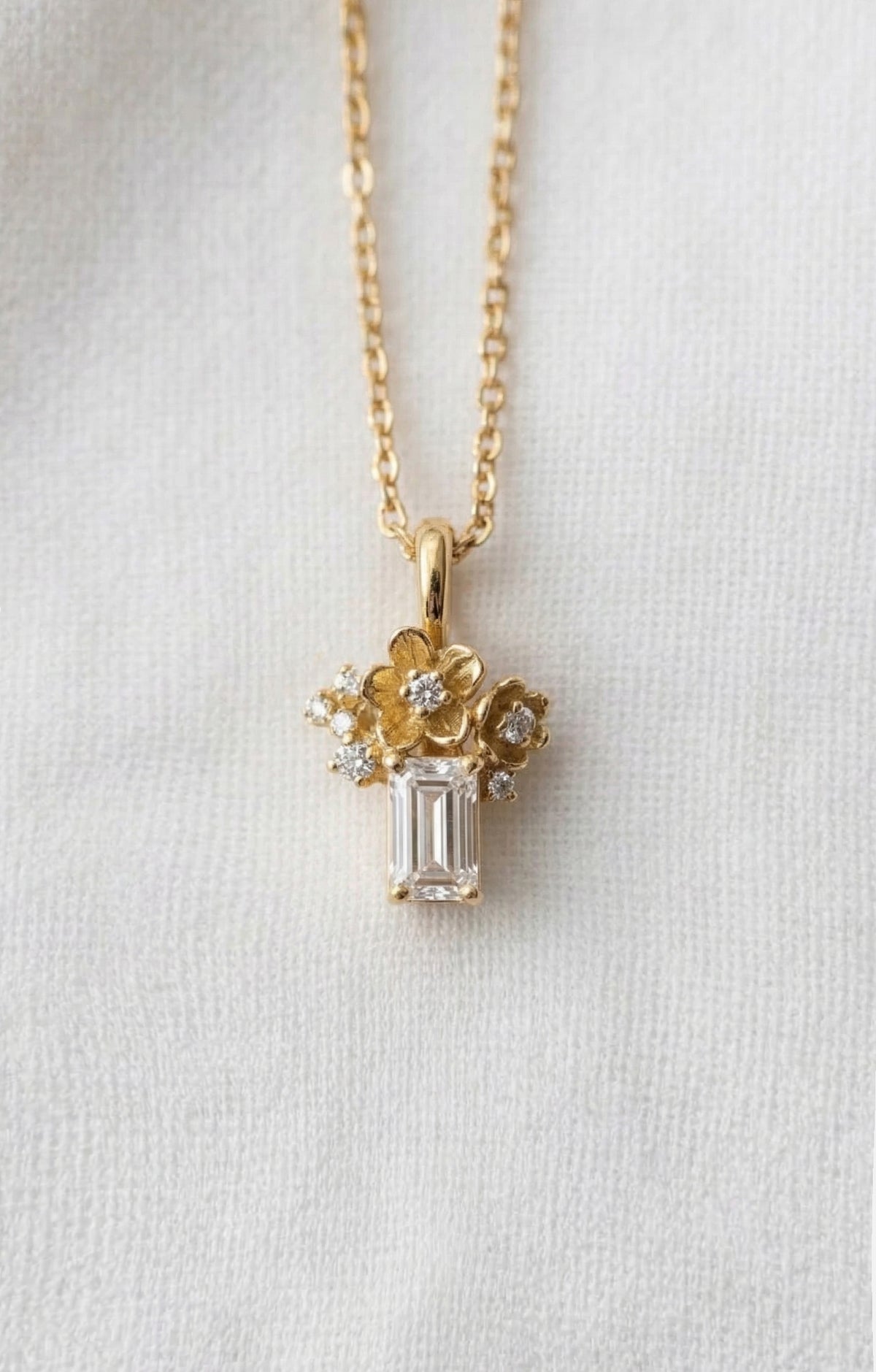 14K Gold Emerald-Cut Diamond Flower Pendant