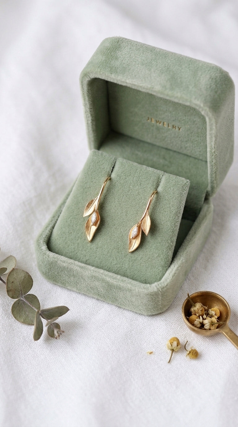 14K Gold Leaf Diamond Drop Earrings
