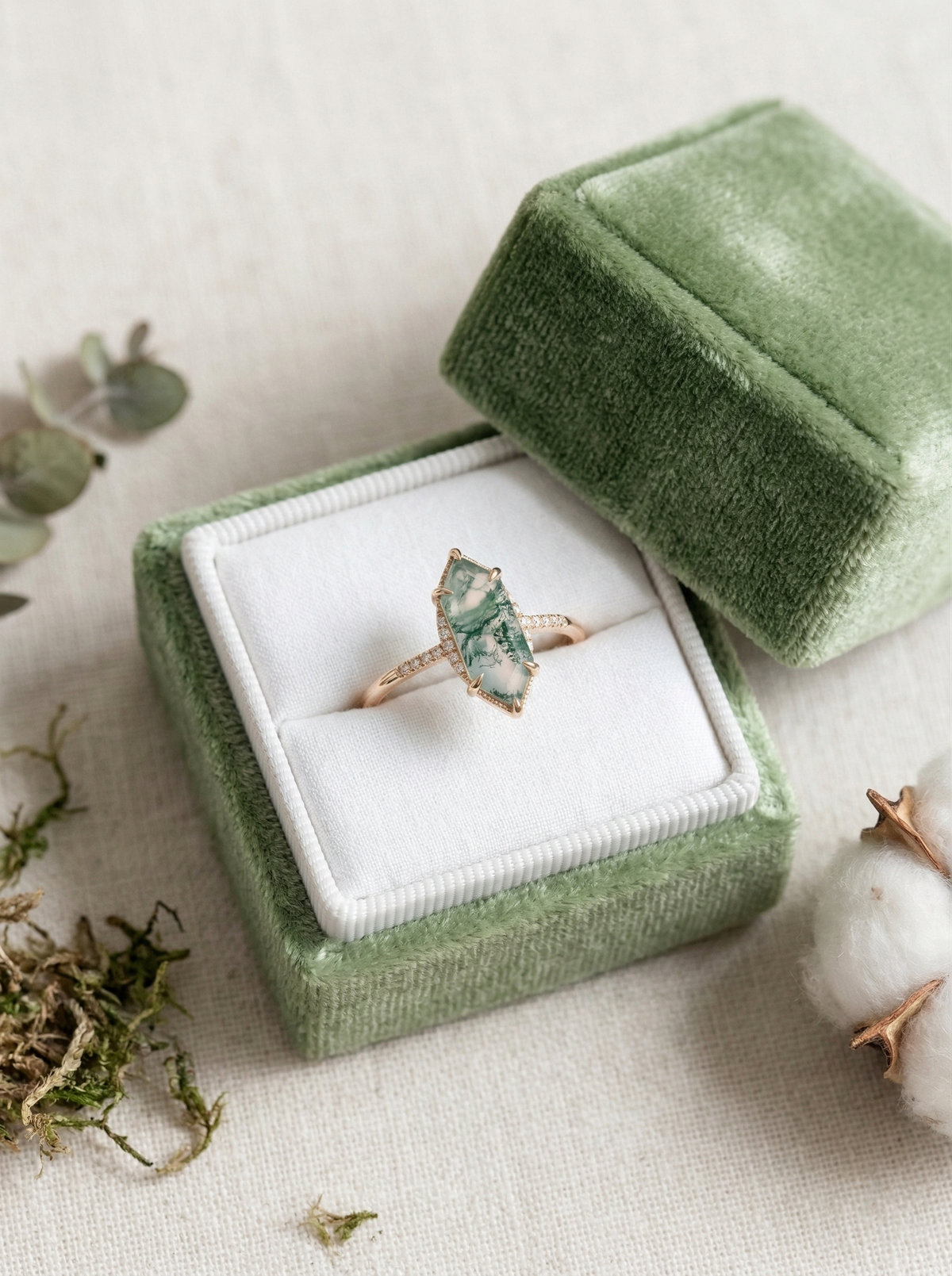 14K Gold Moss Agate Diamond Deco Ring