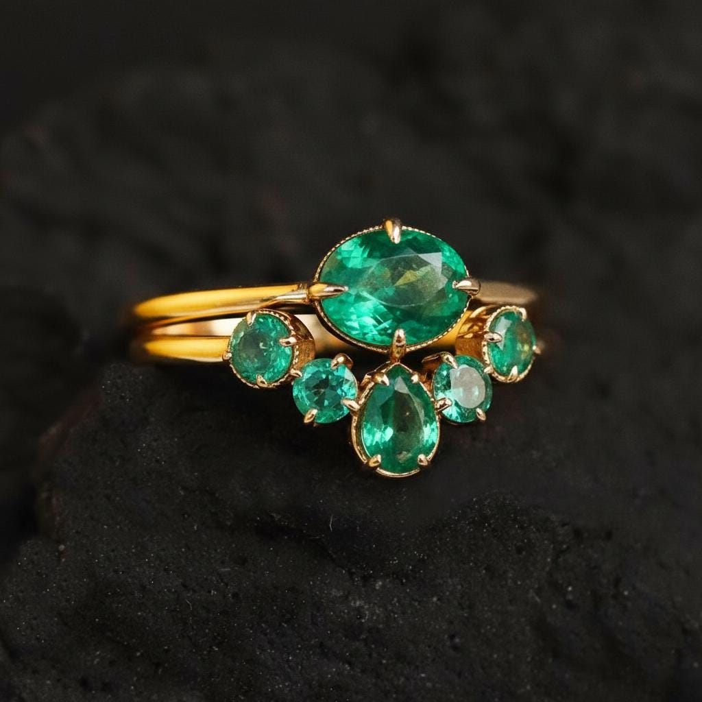 18K Solid Gold Emerald Ring Set, worn look, image 17