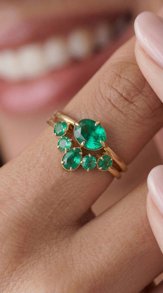 18K Solid Gold Emerald Engagement Ring Set