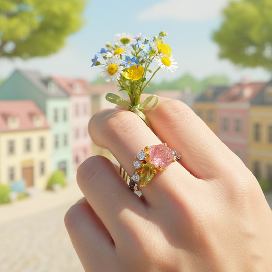 925 Silver Carved Flower Tourmaline Ring, alternate angle