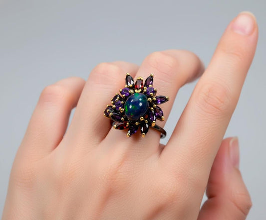 925 Sterling Silver Black Opal Ring, alternate angle