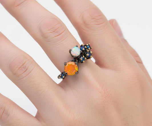 925 Sterling Silver Opal Moonstone Sapphire Ring, alternate angle