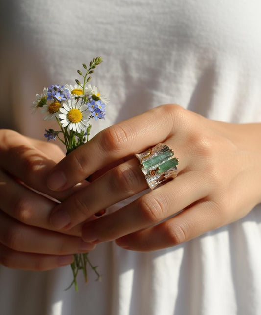 925 Sterling Silver Raw Green Tourmaline Ring, alternate angle