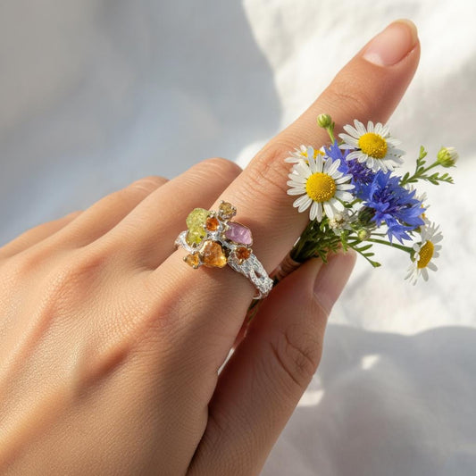 925 Silver Raw Colorful Peridot Sapphire Ring, alternate angle