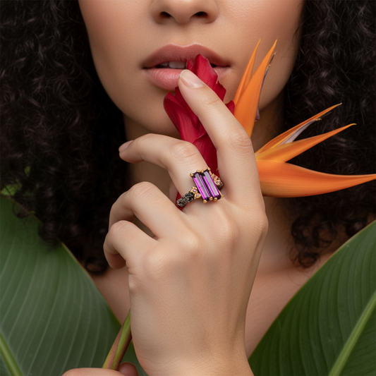 925 Silver Pink Garnet Baguette Ring, alternate angle