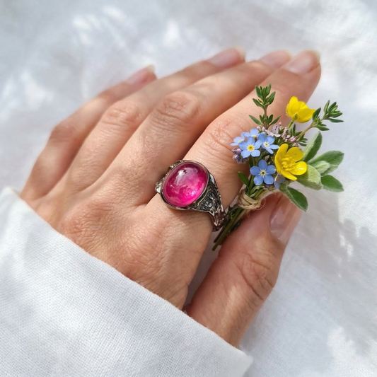 925 black silver pink ruby organic ring