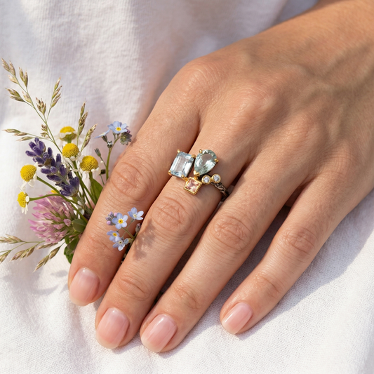 925 silver aquamarine cluster ring