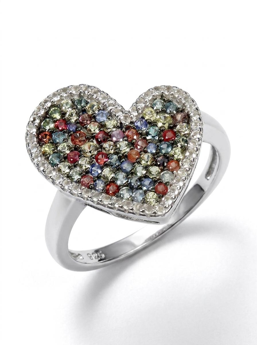 925 silver colorful sapphire pave heart ring
