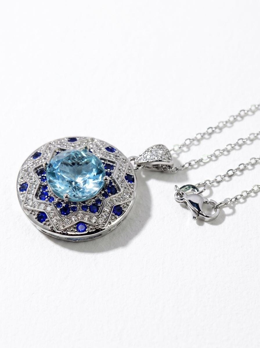925 silver blue topaz medallion necklace
