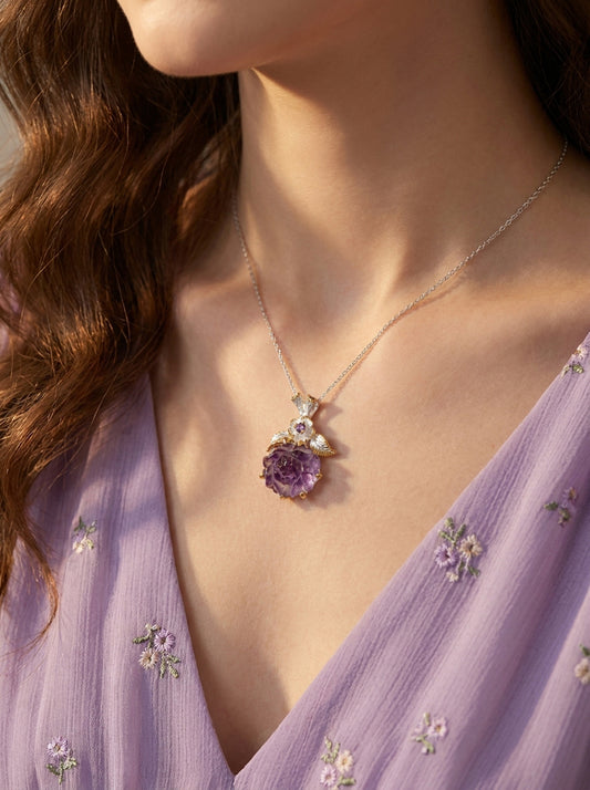 925 silver carved amethyst flower necklace