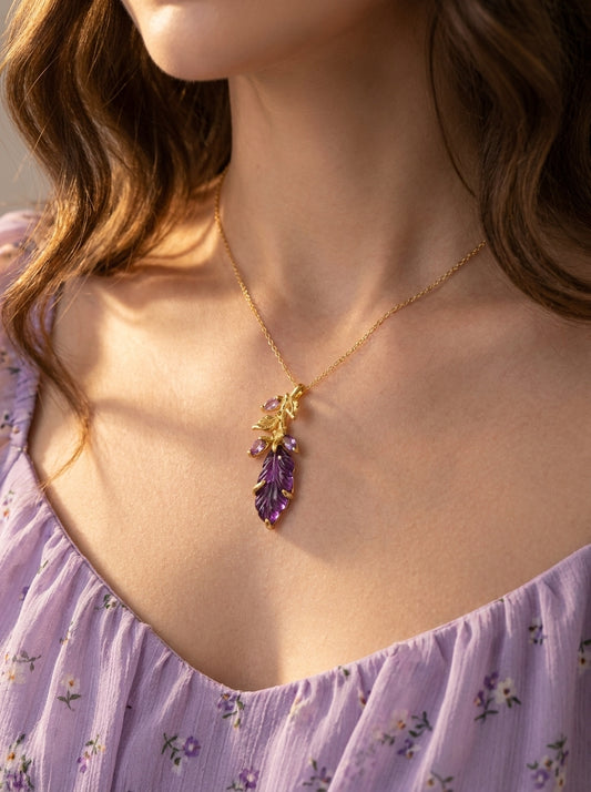 925 silver carved amethyst leaf necklace