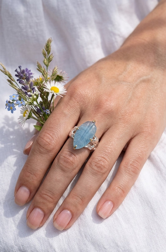 925 silver carved leaf aquamarine ring