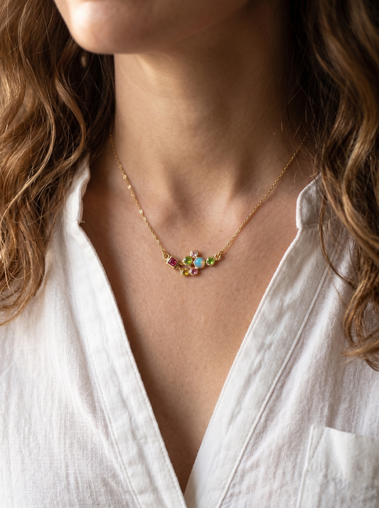 925 sterling silver cluster gemstone necklace, alternate angle
