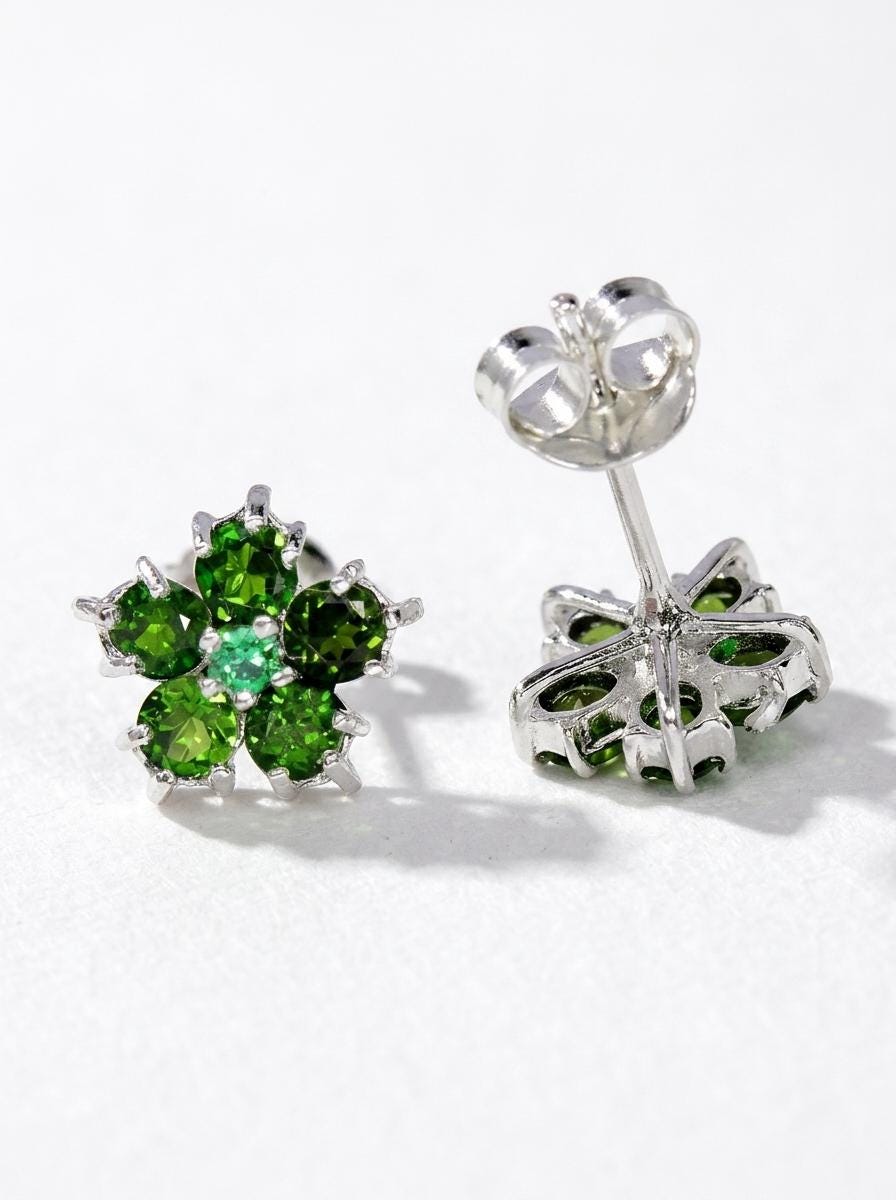 925 silver flower diopside stud earrings