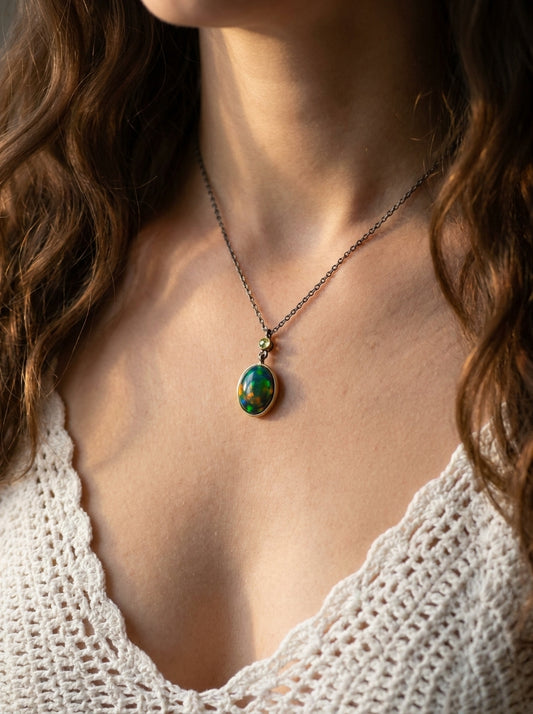 925 silver oval black opal necklace