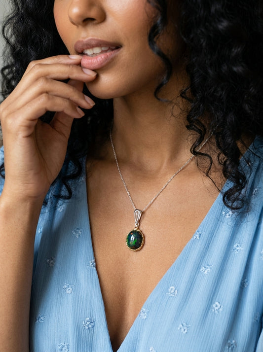925 silver oval black opal necklace