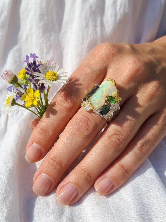 925 silver raw opal statement ring