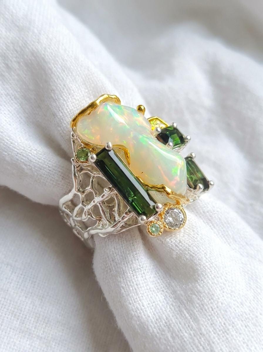 925 silver raw opal statement ring