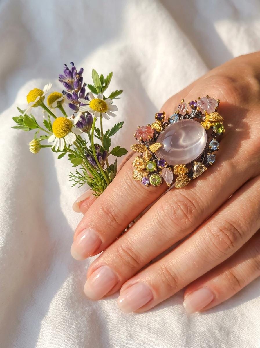 925 silver rose quartz garden ring