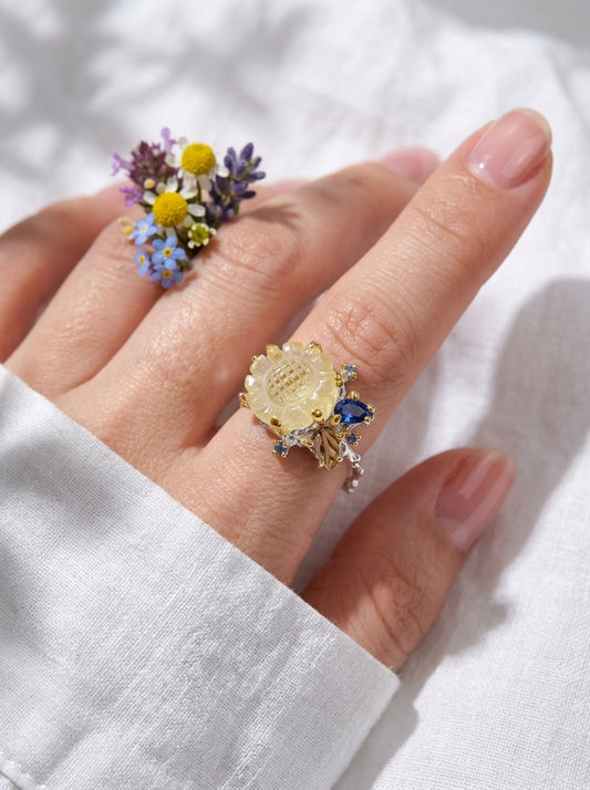925 silver yellow sunflower quartz ring