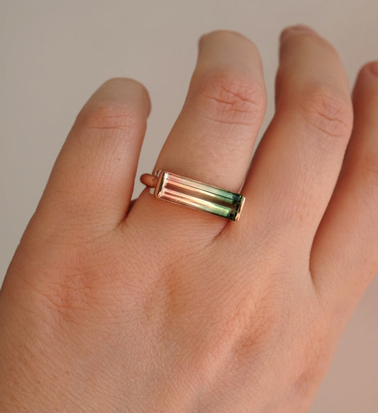 14-18K Solid Gold Watermelon Tourmaline Bar Ring