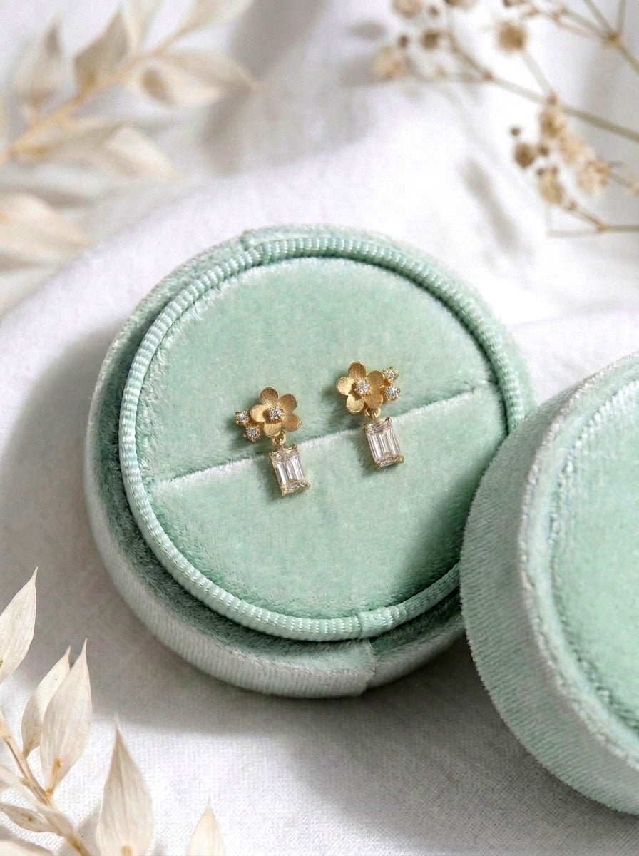 14K Gold Diamond Flower Drop Earrings