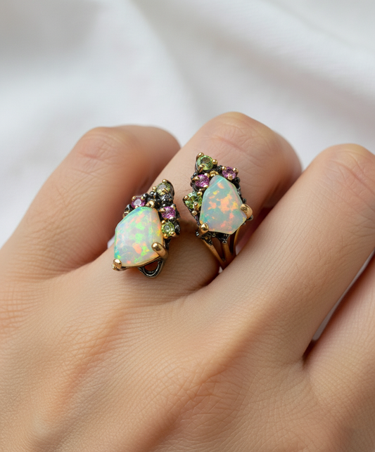 925 sterling silver opal tourmaline fairytale ring