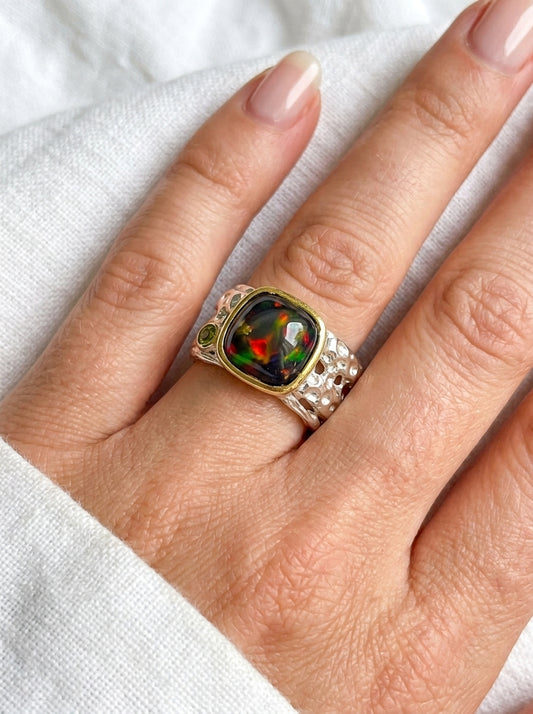 925 Silver Square Black Opal Ring