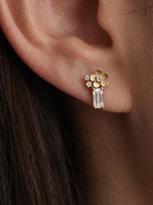 14K Gold Diamond Flower Stud Earrings