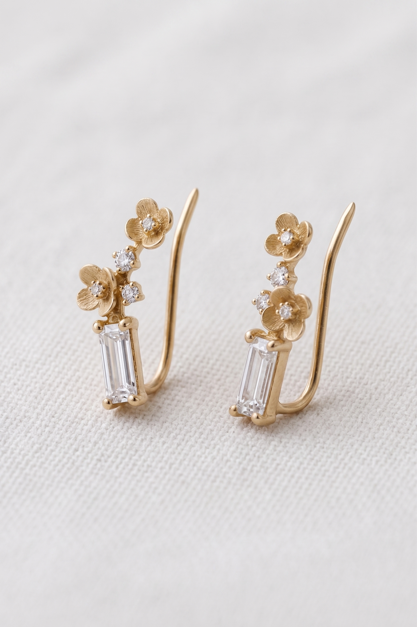 14K Gold Diamond Flowers Ear Climbers