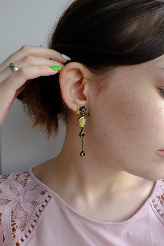 925 Sterling Silver Fire Opal Flower Dangle Earrings