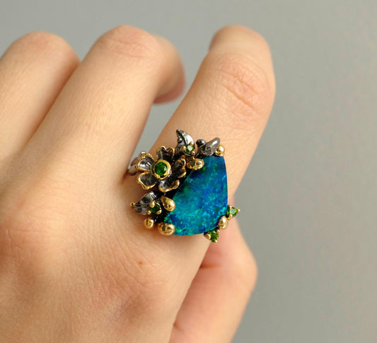 925 sterling silver boulder opal flower ring