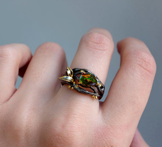 925 Sterling Silver Black Opal Branch Ring