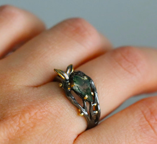 925 Sterling Silver Moss Agate Kite Ring Set
