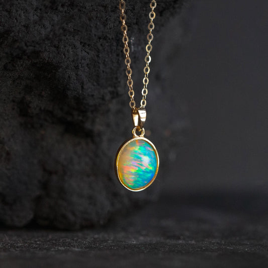 14K solid gold tiny oval opal necklace