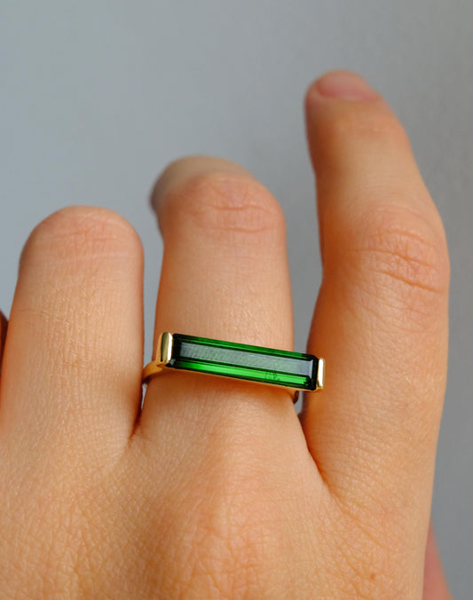 14K Solid Gold Green Tourmaline Baguette Ring