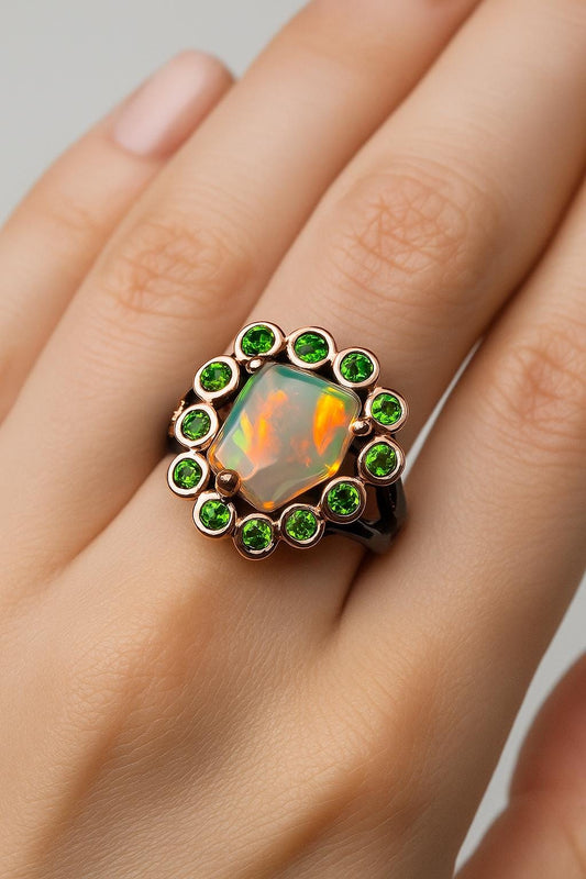925 Sterling Silver Raw Opal Halo Ring