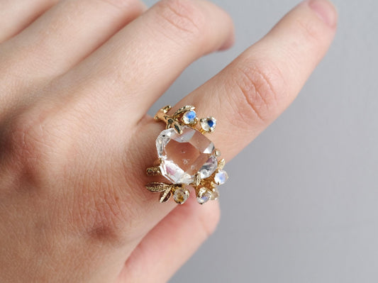 14K solid gold raw herkimer diamond ring