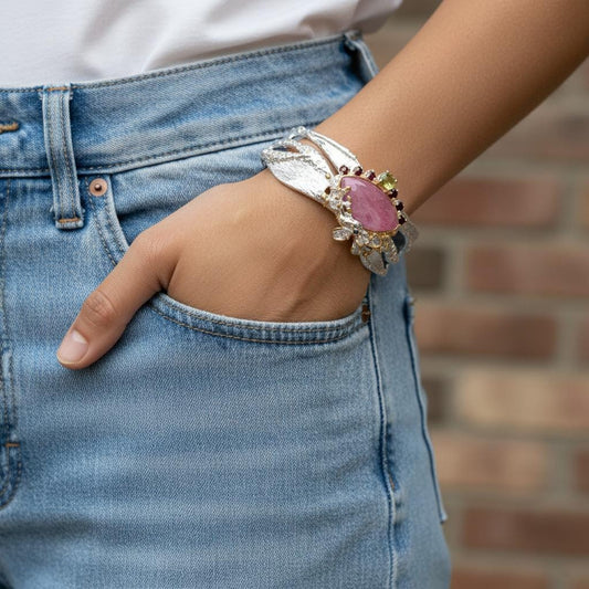 925 Sterling Silver Pink Ruby Cuff Bracelet