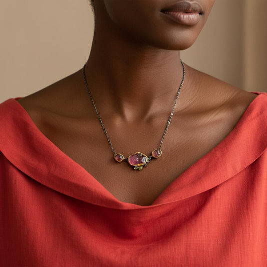 925 sterling silver pink ruby rough bar necklace