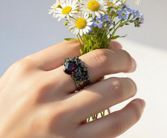 925 Sterling Silver Garnet Wide Band Ring