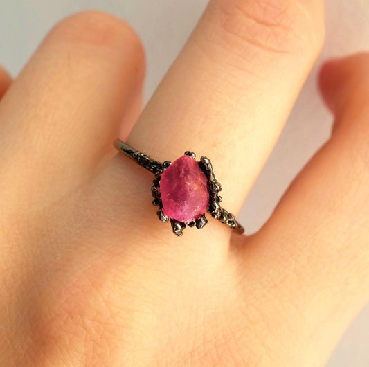 925 Sterling Silver Raw Pink Tourmaline Gothic Ring