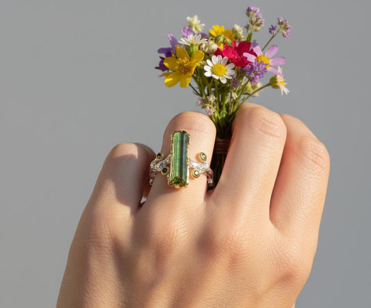 925 Sterling Silver Raw Tourmaline Branch Ring