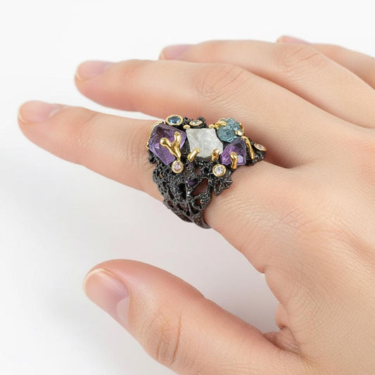 925 Sterling Silver Raw Amethyst Wide Band Ring