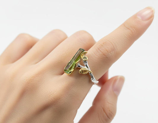 925 Sterling Silver Raw Tourmaline Branch Ring
