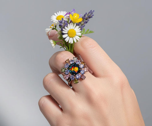 925 Sterling Silver Black Opal Halo Ring