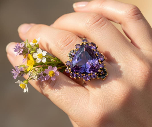 925 Sterling Silver Amethyst Trilliant Cut Nature Ring